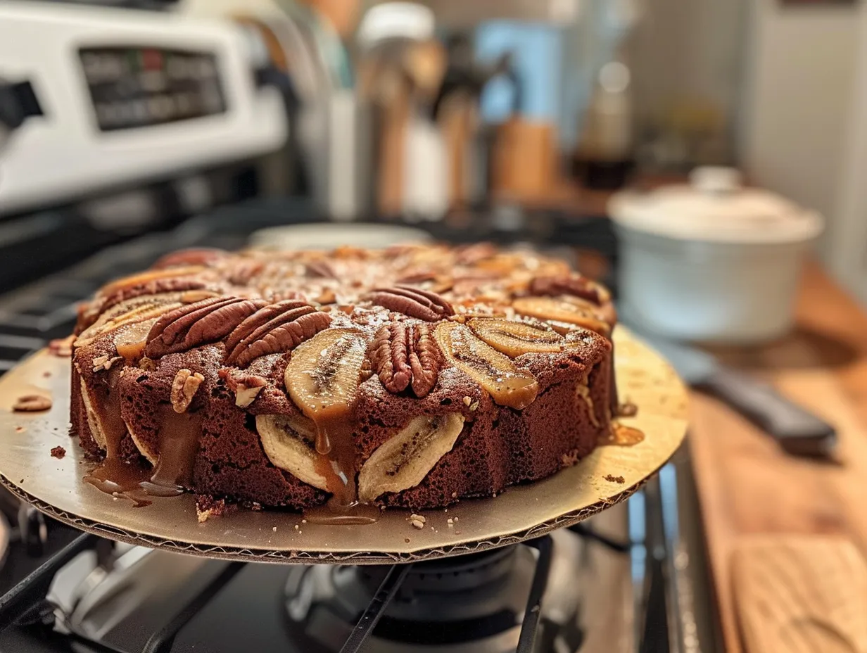 Enjoying Homemade Caramel Banana Pecan Cake