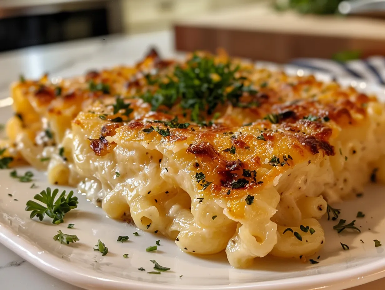 A bubbling, golden-brown Southern baked mac and cheese, fresh from the oven.