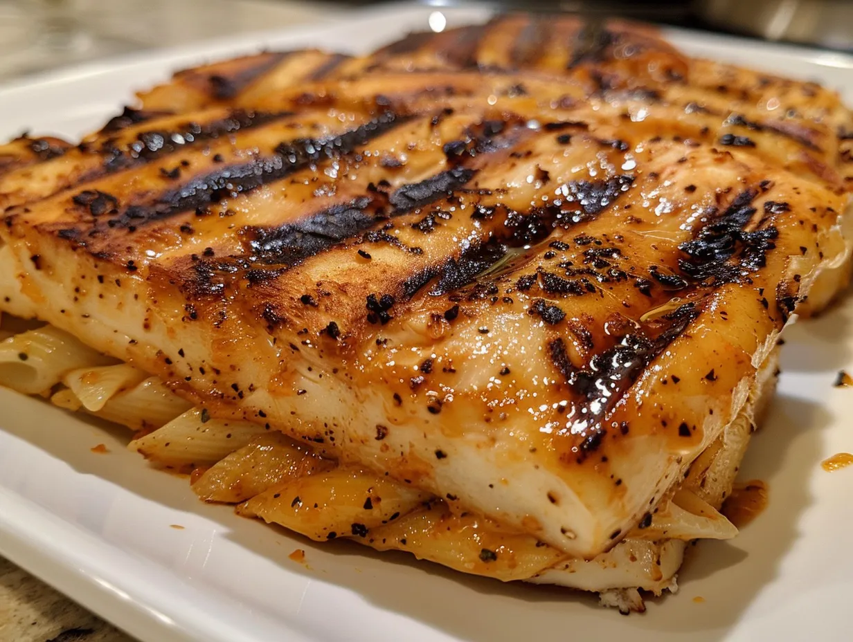 A close-up of a delectable Honey Pepper Chicken Panini Pasta dish