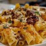 A Delicious Plate of Creamy Cheesy Garlic Butter Rigatoni with Savory Beef