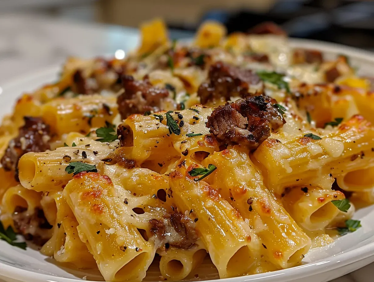 A Delicious Plate of Creamy Cheesy Garlic Butter Rigatoni with Savory Beef