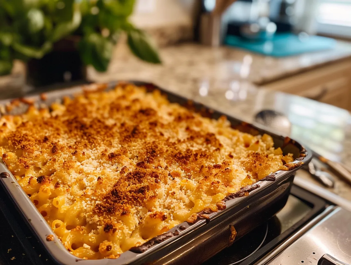 a finished southern baked mac and cheese on a wooden table ready to be served