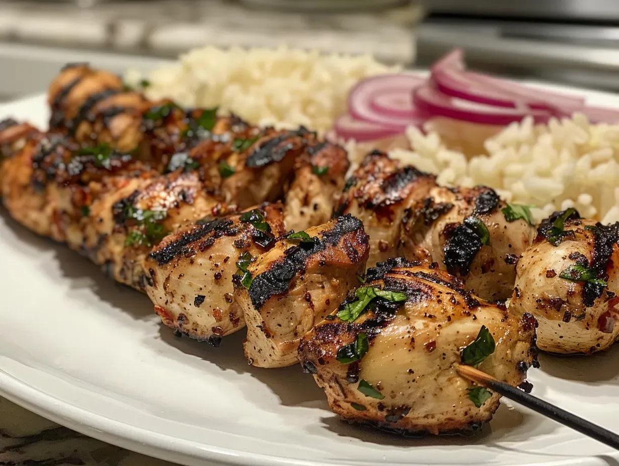 A plate of juicy Greek Chicken Souvlaki