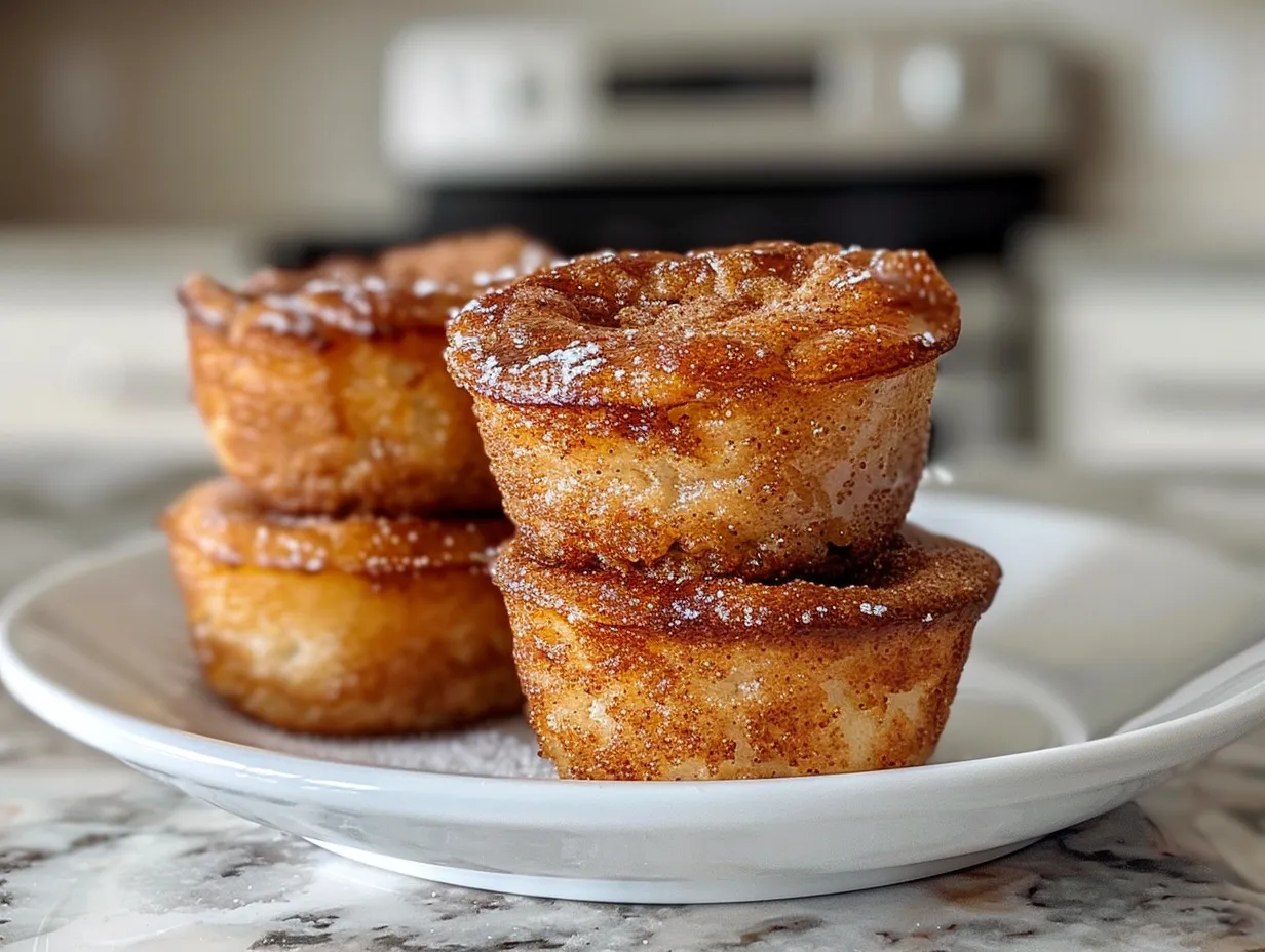 A stack of warm cinnamon sugar french toast muffins