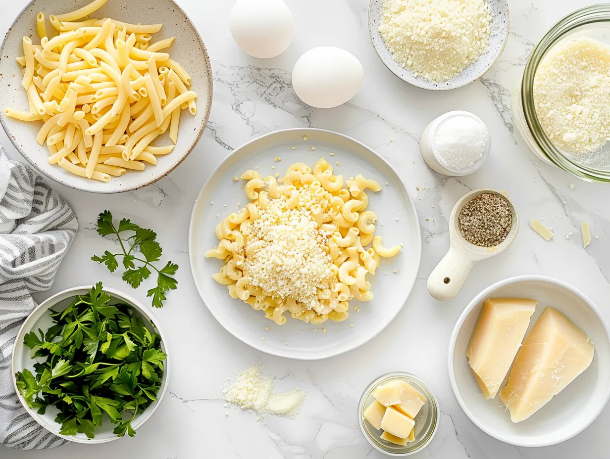 a variety of cheeses dry macaroni and other ingredients arranged on a marble countertop
