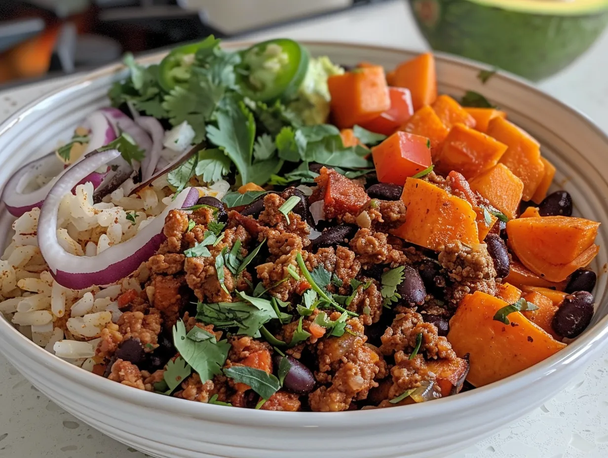 A vibrant sweet potato taco bowl