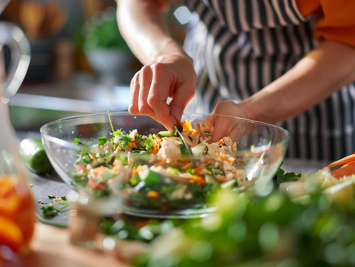 Assembling Chicken Spring Roll Salad