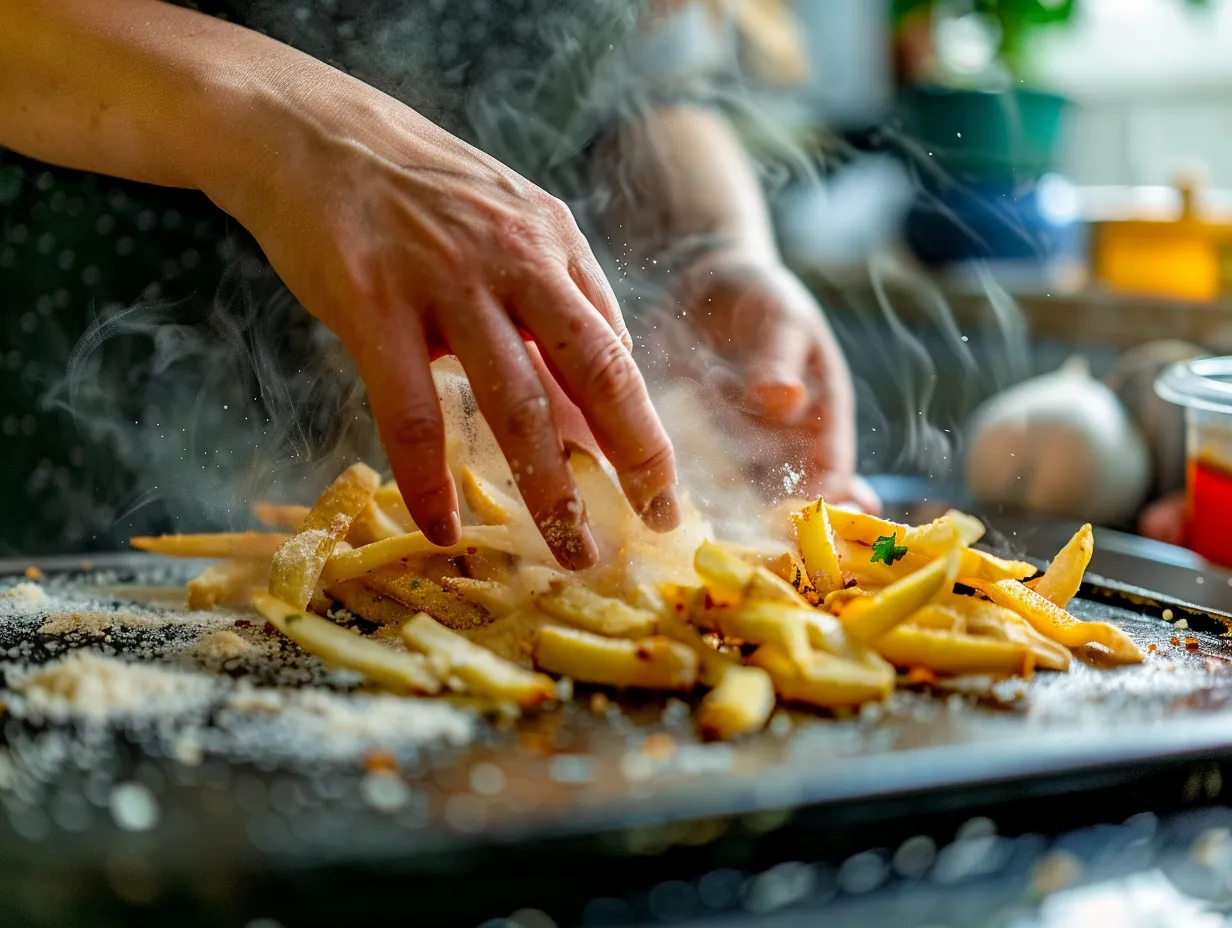 Assembling Louisiana Voodoo Fries with sauce and toppings