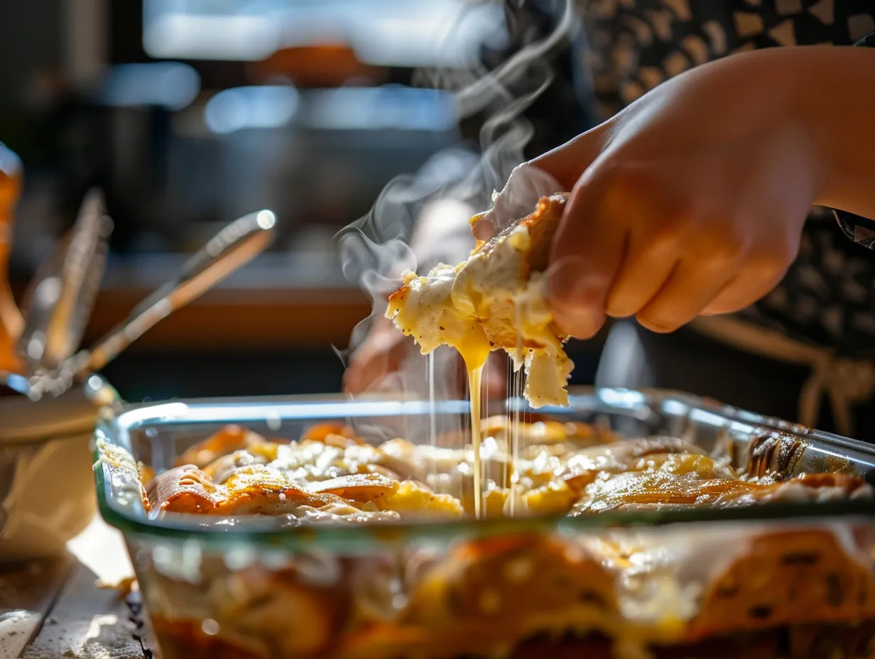 Assembling the monte cristo breakfast casserole