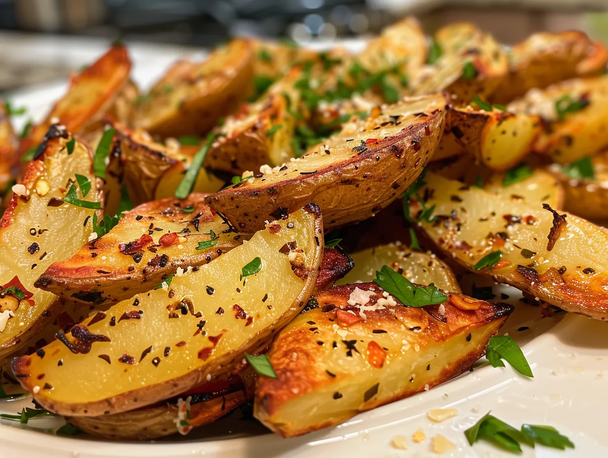 Baked Garlic Parmesan Potato Wedges on a Plate