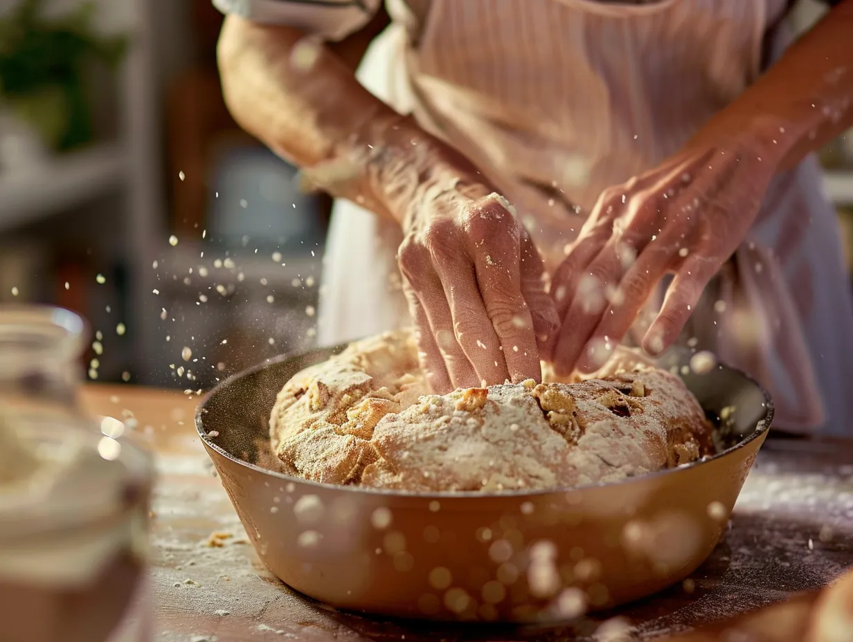 A series of images showing the step-by-step process of making chocolate chunk dutch oven bread, from mixing dough to baking in a Dutch oven.
