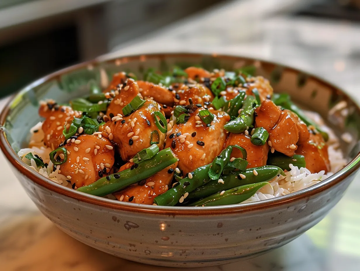 bowl of sesame chicken with green beans and rice