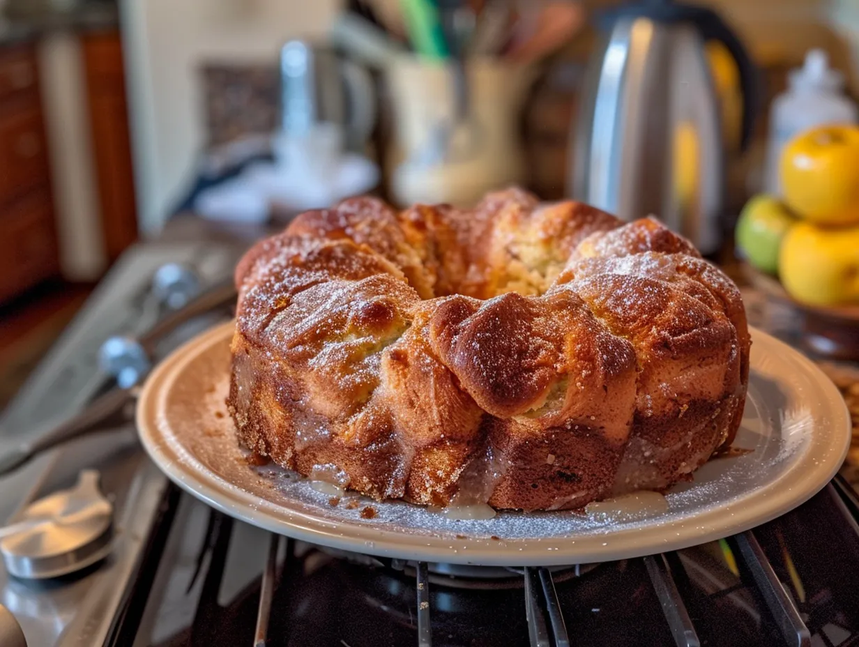 A freshly baked cinnamon donut bread loaf, sliced and ready to serve, with a cup of coffee and a cozy kitchen background.