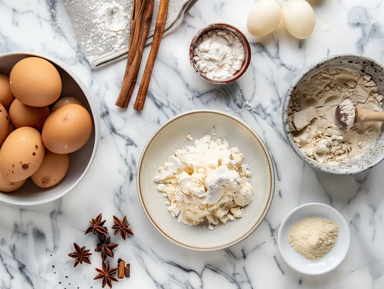 Ingredients for cinnamon donut bread laid out on a kitchen counter, including flour, sugar, butter, eggs, milk, cinnamon, and vanilla extract.
