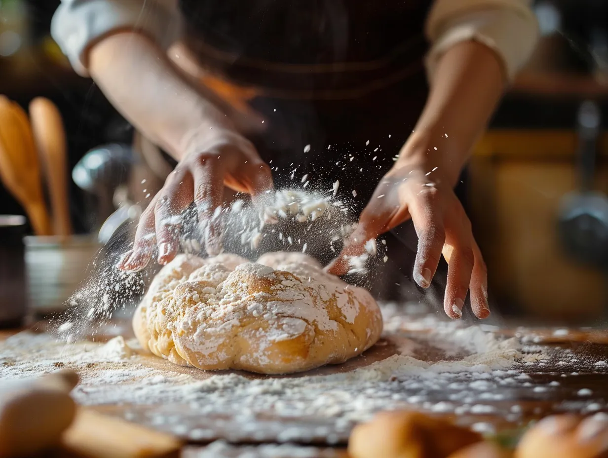 Step-by-step photos showing the process of making cinnamon donut bread, from mixing ingredients to pouring batter into the pan.