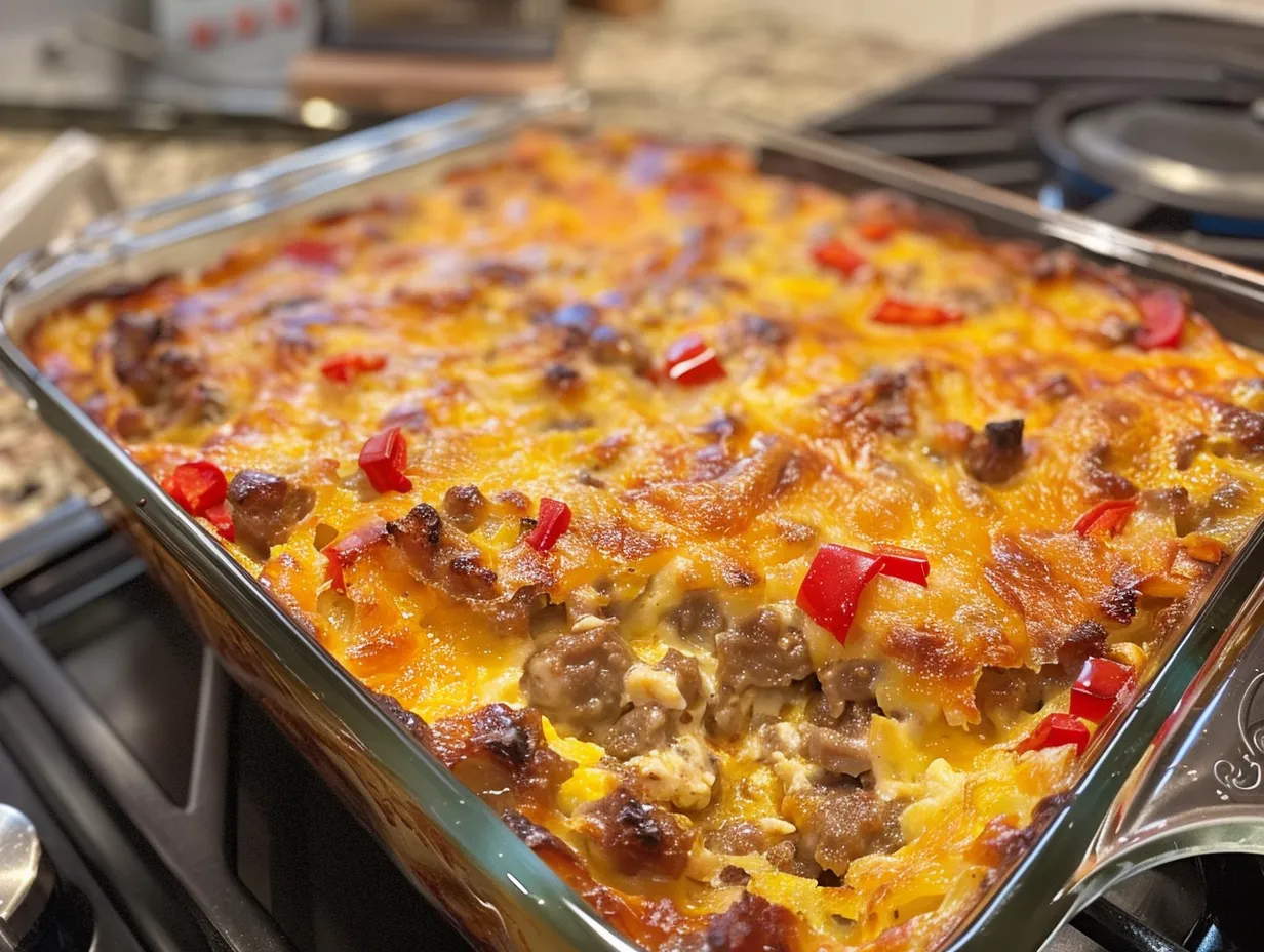 Close-up of a slice of delicious easy sausage breakfast casserole