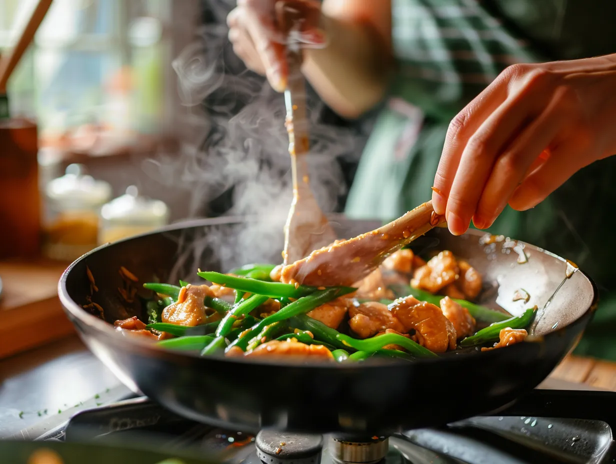 cooking sesame chicken with green beans