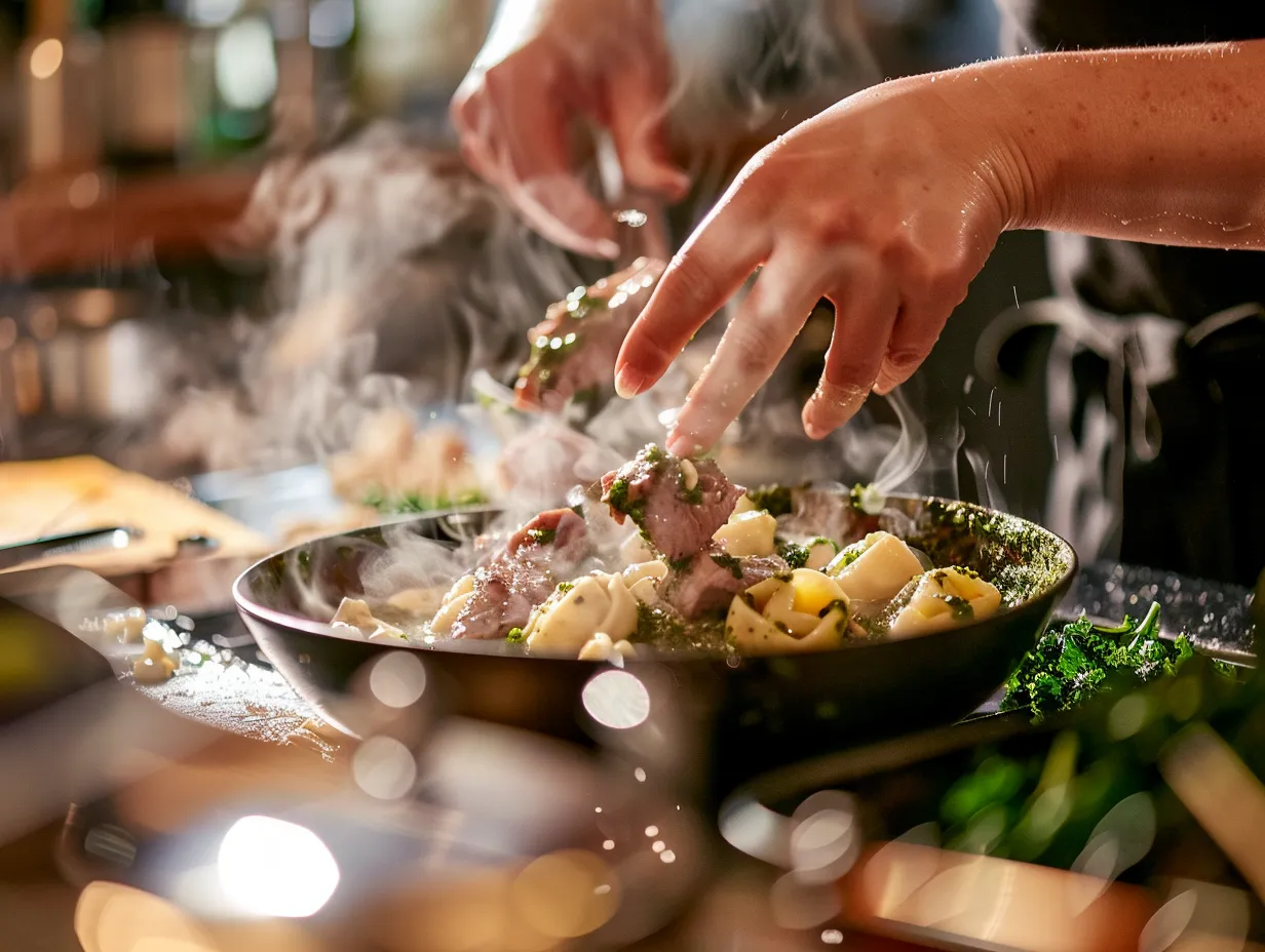 Cooking Tender Steak Bites with Pesto Alfredo Tortellini