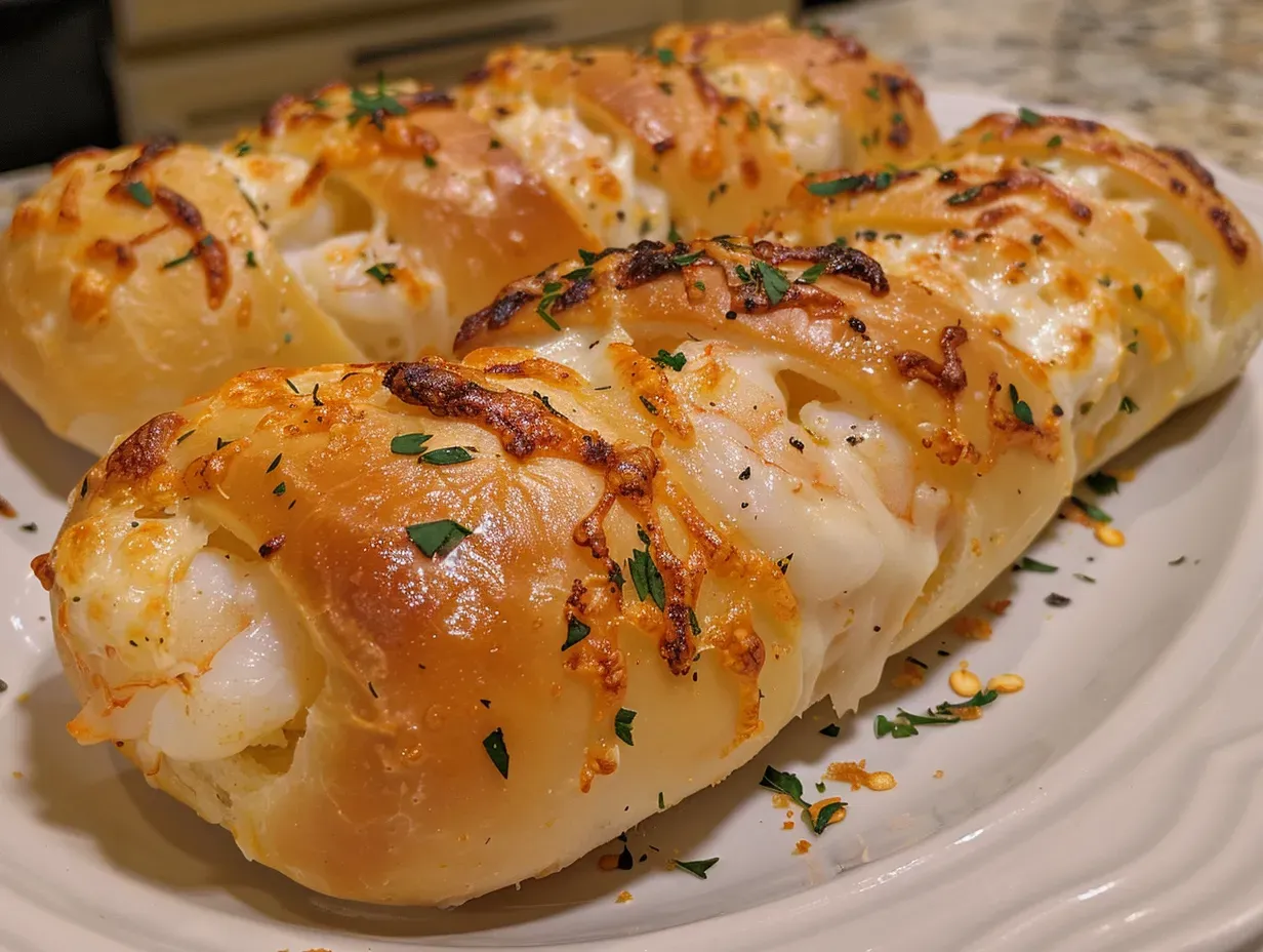 crabby shrimp-stuffed garlic bread bombs with cream cheese and mozzarella