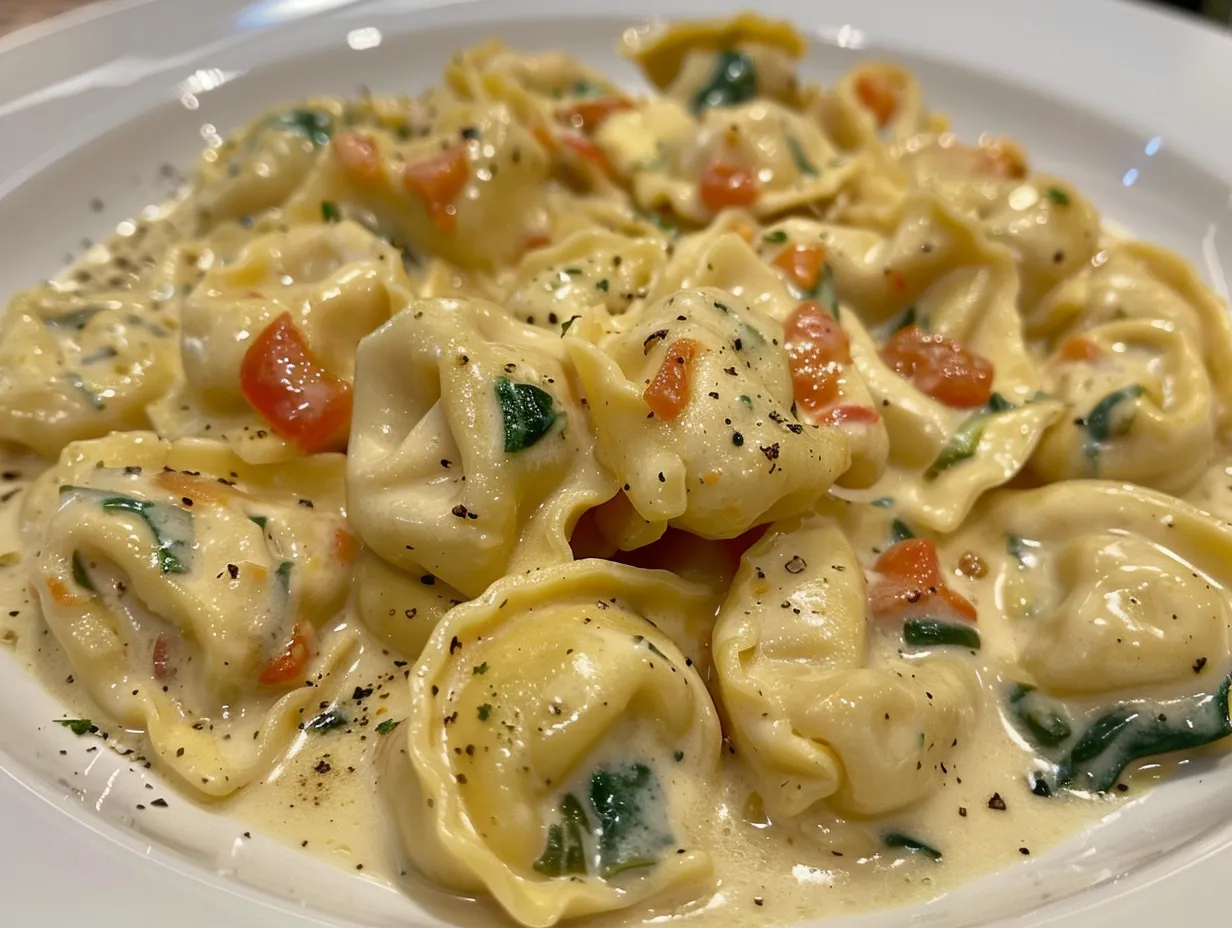 Creamy Spinach Tomato Tortellini Plated