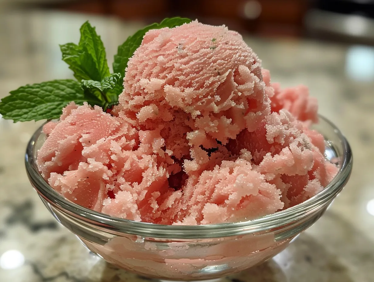 fresh mint ice cream with salted watermelon granita