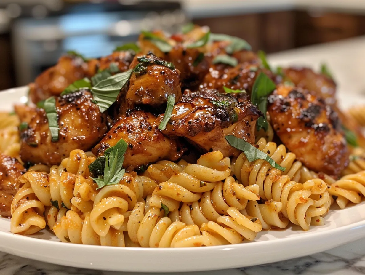 garlic butter chicken over cheesy cajun rotini