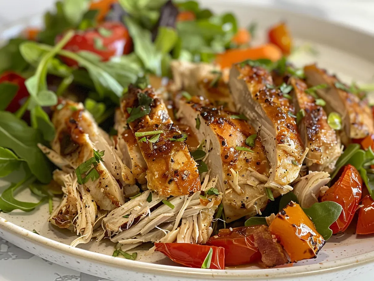 Delicious Shredded Chicken Plate with Roasted Veggies Salad