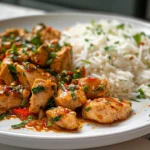 Delicious spicy garlic chicken stir fry with rice