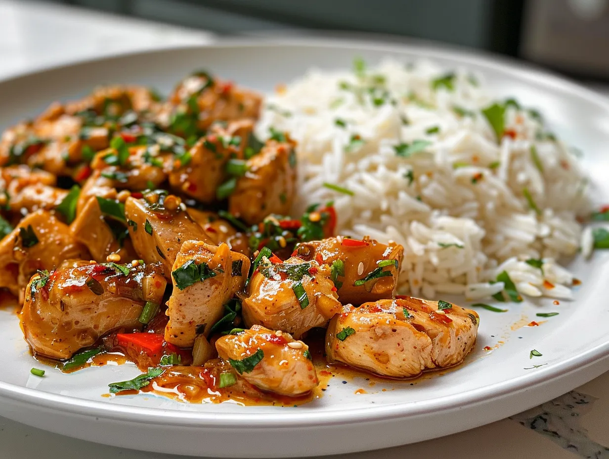 Delicious spicy garlic chicken stir fry with rice