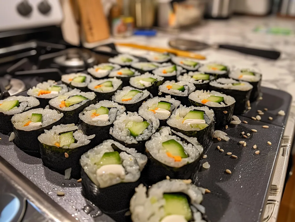 enjoying homemade california roll cucumber salad