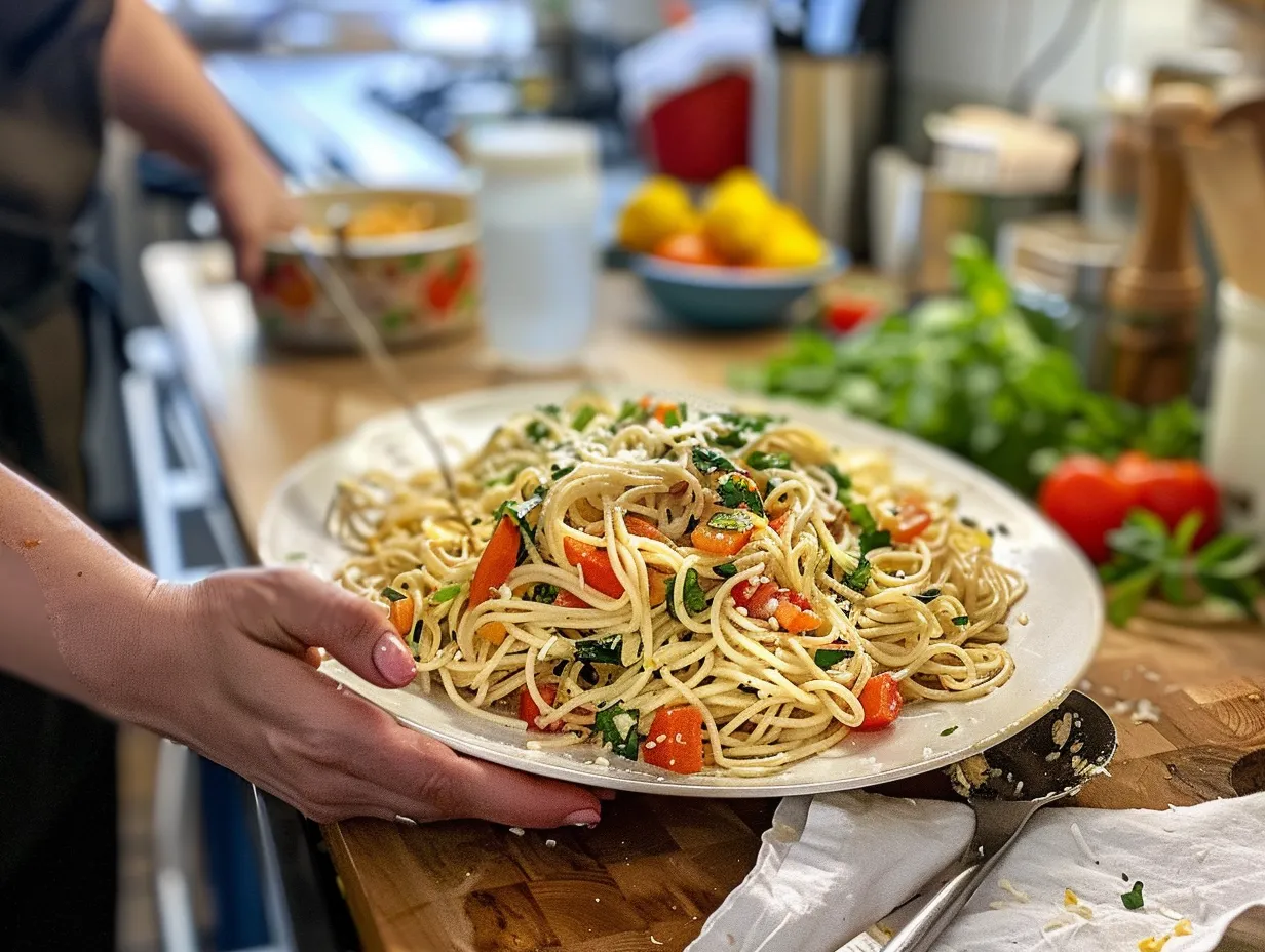 Enjoying mediterranean spaghetti salad
