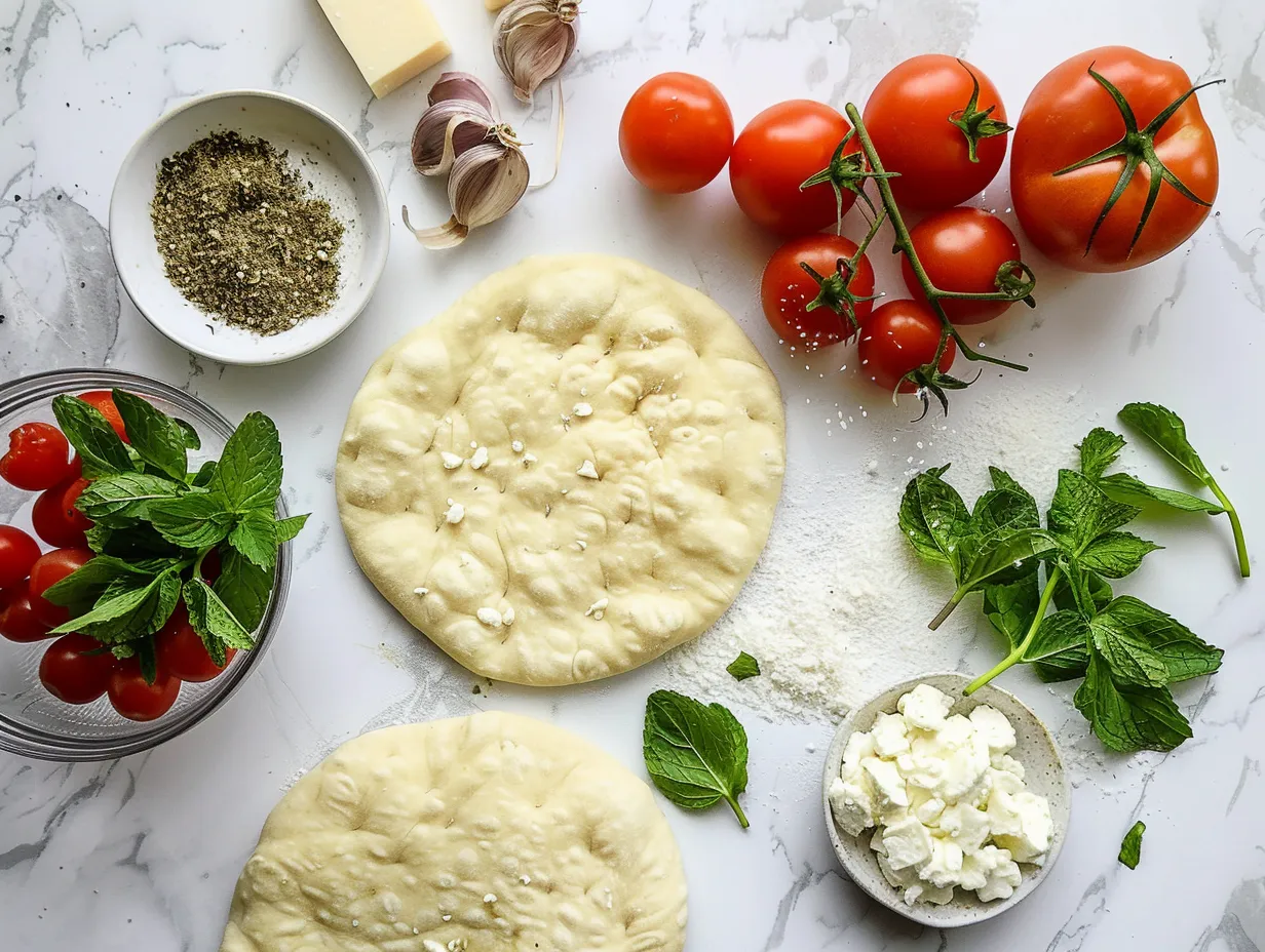 essential ingredients for mediterranean mint and feta flatbreads