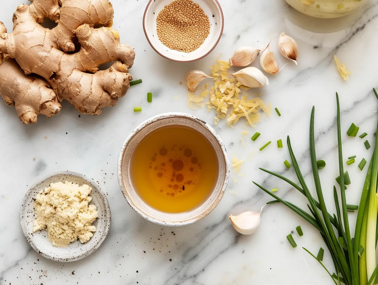 Essential ingredients for Miso-Ginger Chicken Soup arranged neatly.