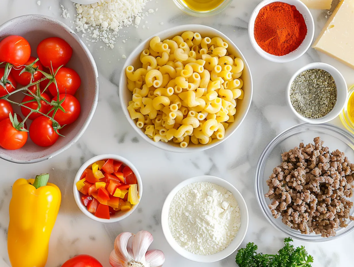 A collection of essential ingredients for One-Pot Macaroni Cheeseburger, including ground beef, macaroni, cheese, onion, garlic, tomato sauce, and broth.