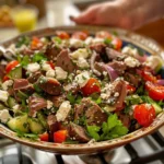 Final Presentation of Greek Salad with Meat