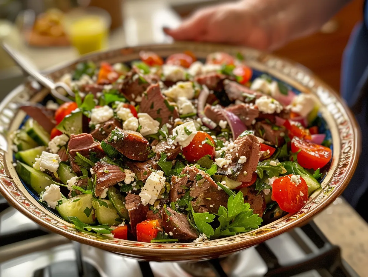 Final Presentation of Greek Salad with Meat