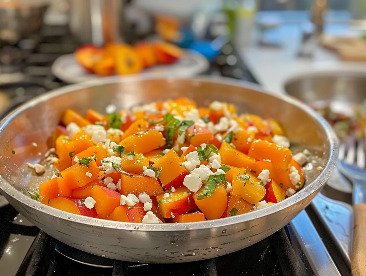 final presentation of peach feta salad