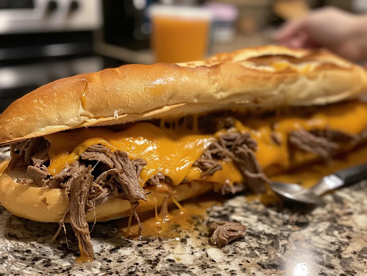 Final touches on slow cooker beef and cheddar sandwiches