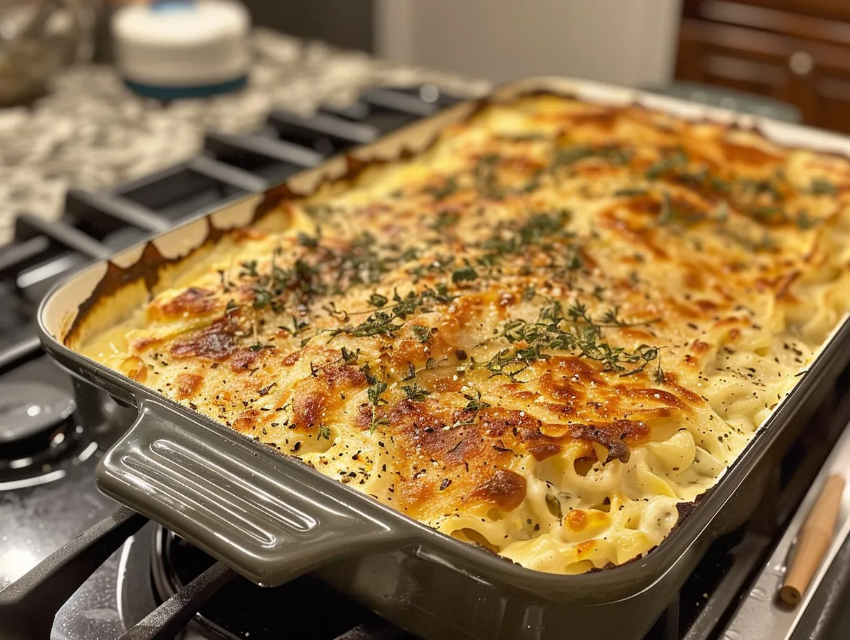 finished alfredo chicken bake on display