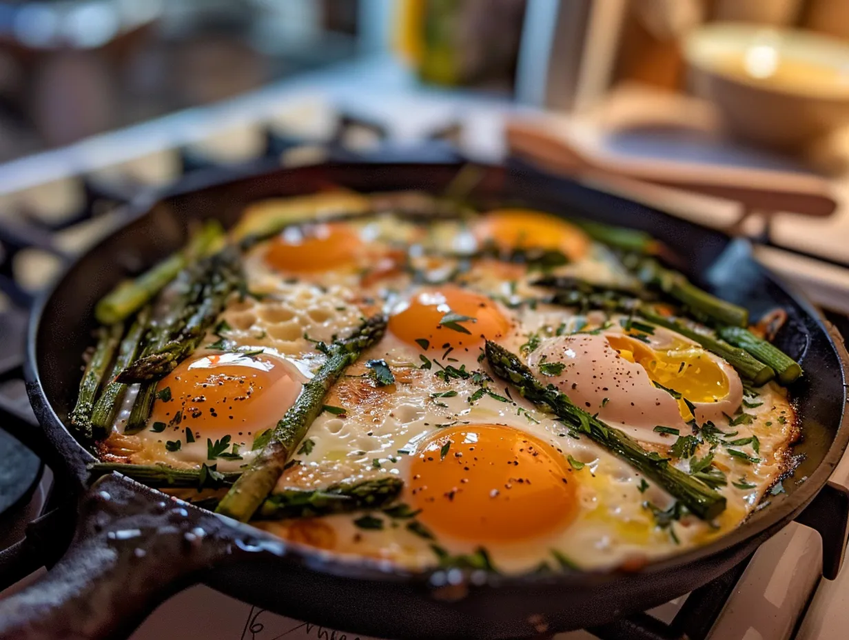 Finished baked eggs with asparagus ready to serve