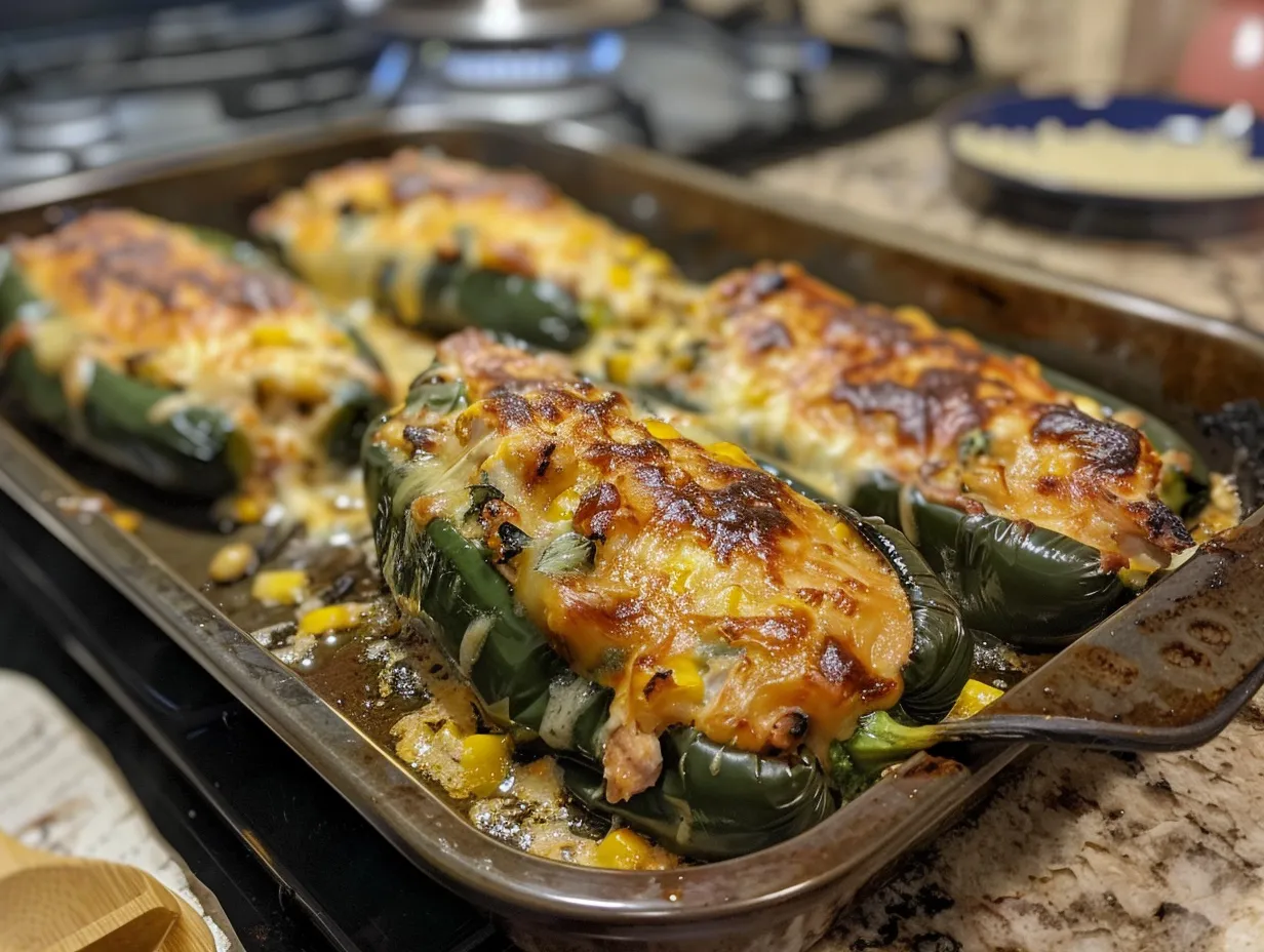 finished cheesy chicken and corn stuffed poblano peppers