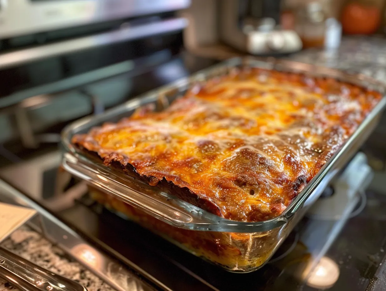 Finished Cheesy Meatloaf Bake on Kitchen Stove