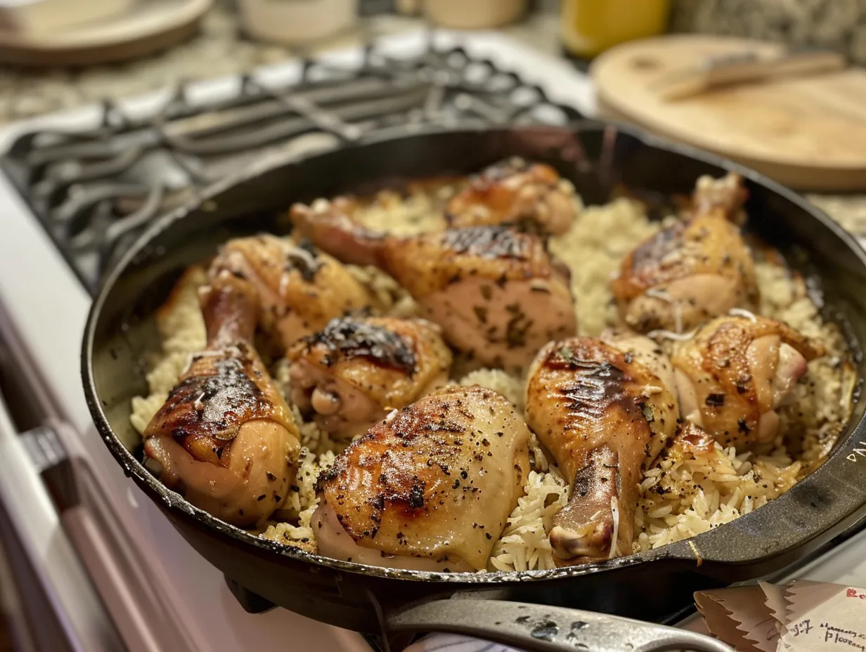 Finished chicken legs and rice on kitchen counter