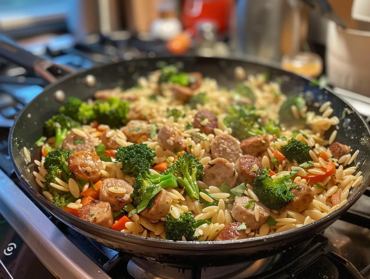 Finished Chicken Sausage Broccoli Orzo Skillet