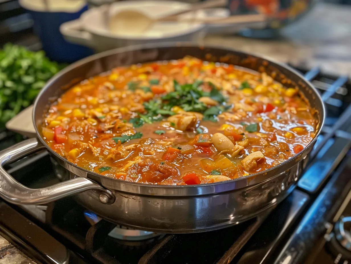 finished coconut chicken chili on stove