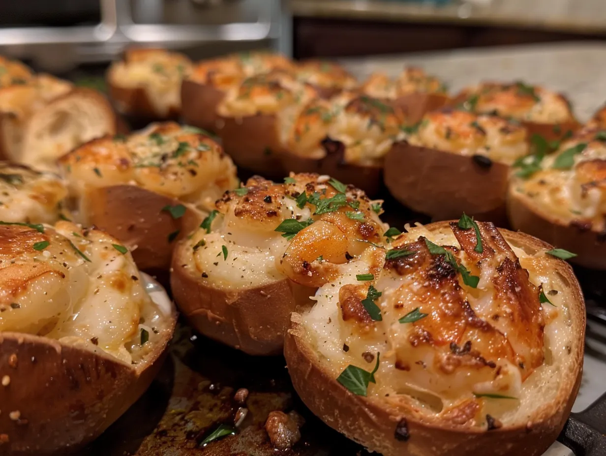 Finished crabby shrimp stuffed garlic bread bombs
