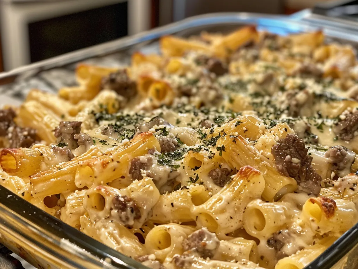 finished creamy cheesy garlic butter rigatoni with savory beef