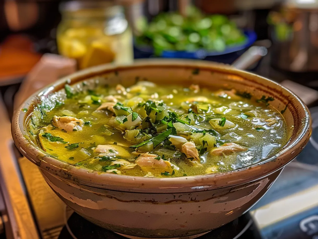 Finished Crockpot Mexican Chicken Pozole Verde Ready to Enjoy