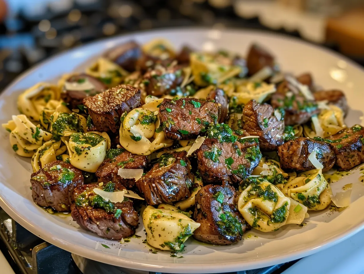 Finished Dish of Tender Steak Bites with Pesto Alfredo Tortellini