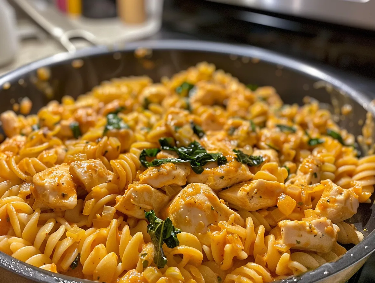 Finished garlic butter chicken over cheesy cajun rotini